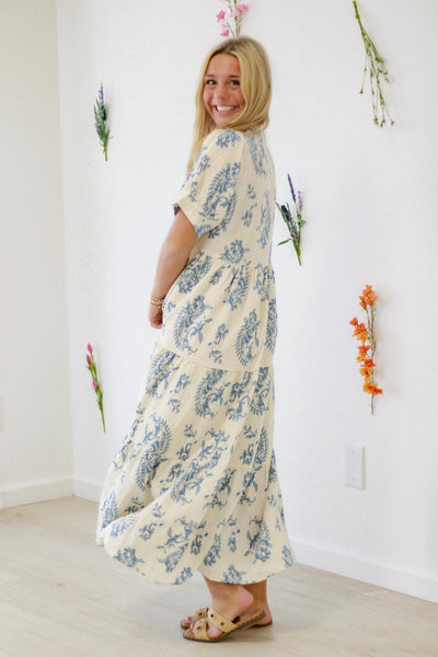 UMGEE Mandarin Collar Tiered Print Maxi Dress Blue Mix