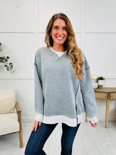 Fleece Washed Contrast Trim Pullover Jade