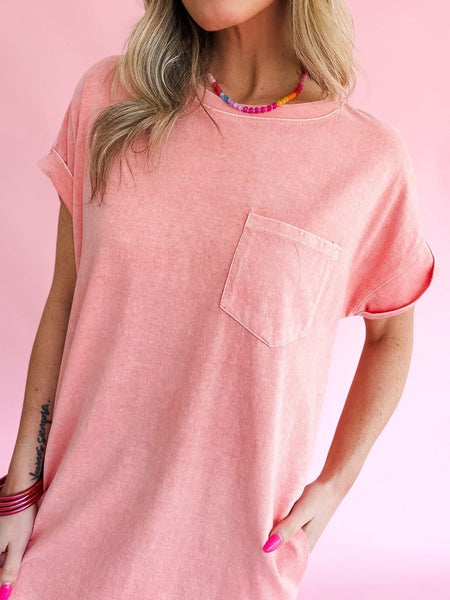 Cotton Tee Shirt Pocket Dress Coral