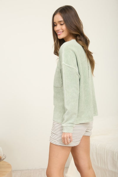 Long Sleeve Rib Knit Pocket Top Sage