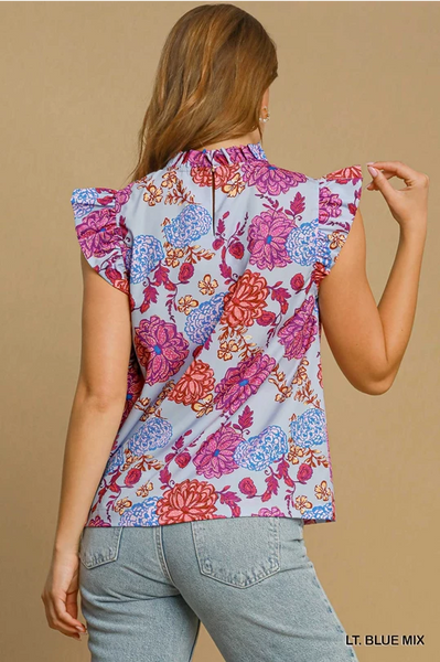 UMGEE Floral Print Ruffle Neck Top