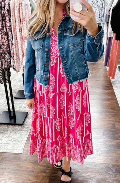 UMGEE Border Print Smocked Maxi Dress Pink Mix