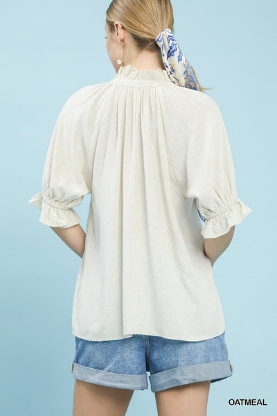 UMGEE Scalloped Ruffle Detail Top Oatmeal