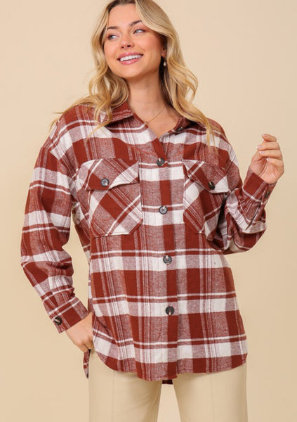 Plaid Button Down Shacket Clay Combo