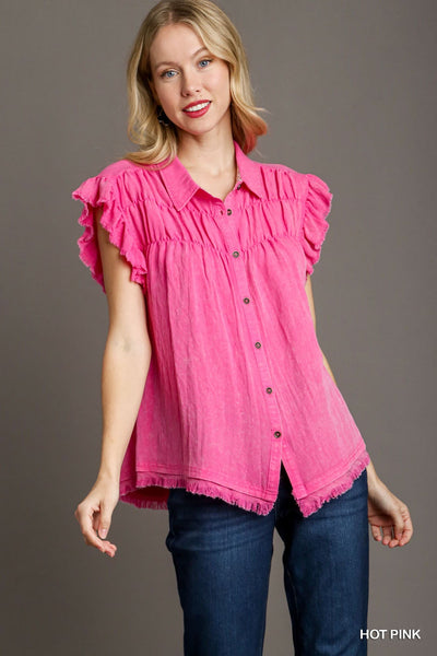 UMGEE Mineral Wash Button Down Top Hot Pink