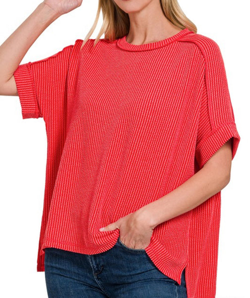 Corded Ribbed Cuffed Sleeve Top Red