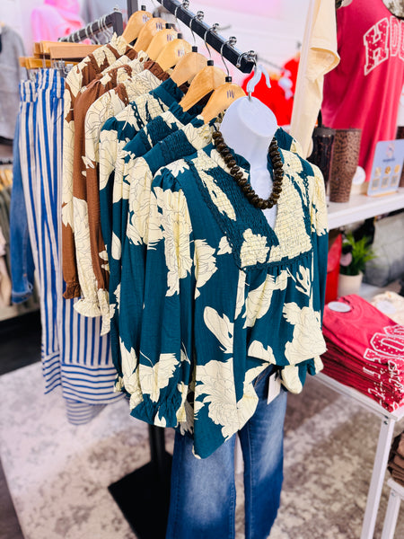 UMGEE Hampton Leaf Print Top Teal