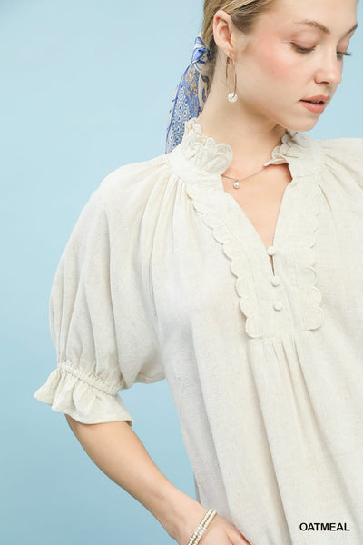 UMGEE Scalloped Ruffle Detail Top Oatmeal
