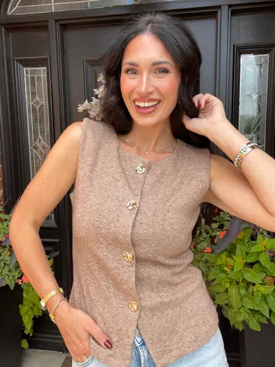 Gold Button Knit Vest Mocha