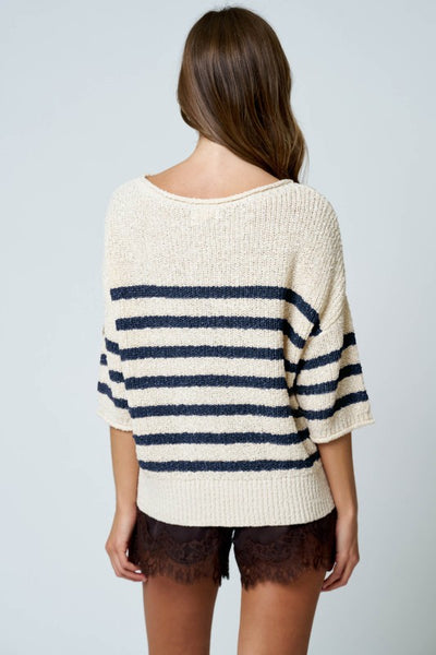 Stripe Knit Half Sleeve Sweater Midnight Blue
