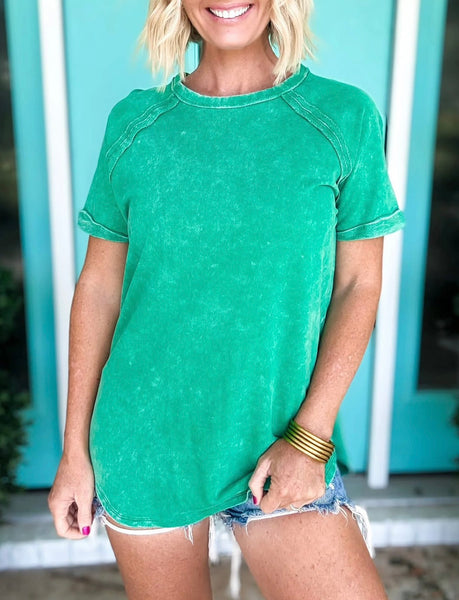 Curved Hem Acid Wash Tee Green