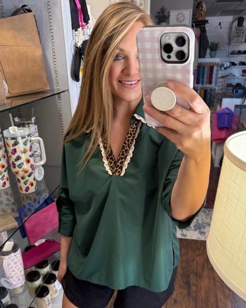 Dark Green Leopard & Lace Collared Top