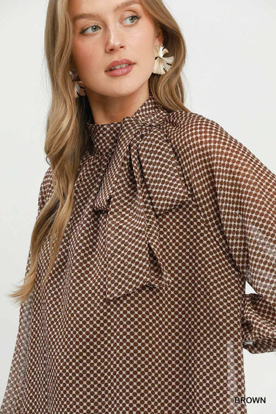 UMGEE Dot Print Tie Neck Top Brown