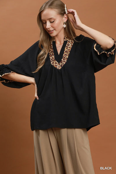 UMGEE Leopard Trim Puff Sleeve Top Black