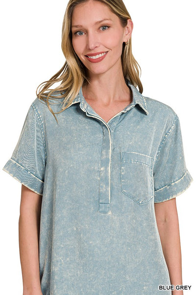 Lizzy Linen Raw Hem Pocket Dress Blue Grey