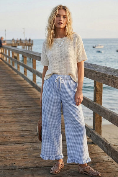 Gingham Ruffle Pant Blue Mix