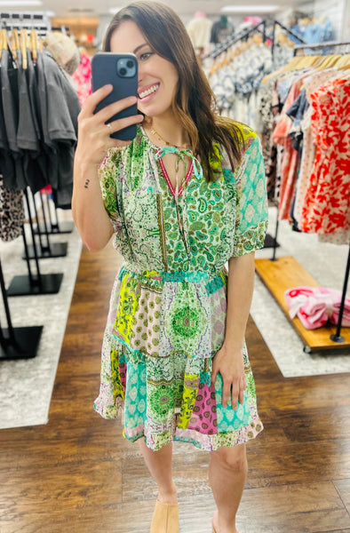 UMGEE Metallic Boho Multi Print Dress Green Mix