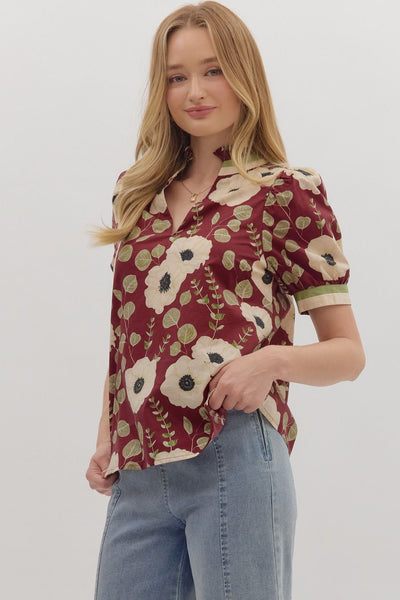 Wine Floral Puff Sleeve Top