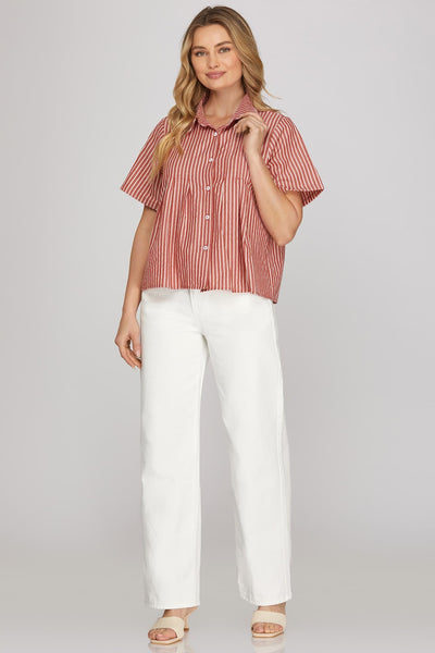 Short Sleeve Striped Collar Top Red