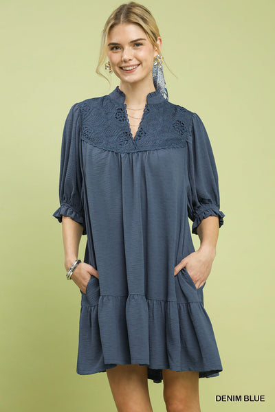 UMGEE Lace Detail Tiered Dress Denim Blue
