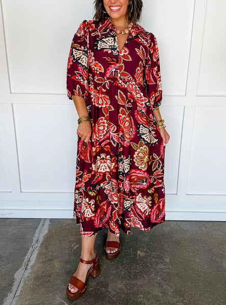 UMGEE Boho Floral Dress Burgundy Mix