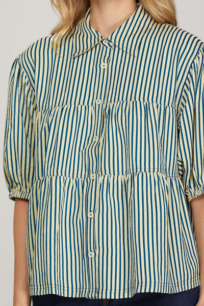 Ruffle Stripe Button Down Top Blue