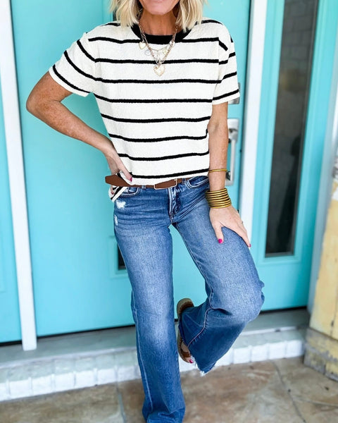 Stripe Short Sleeve Sweater Top Black Ivory