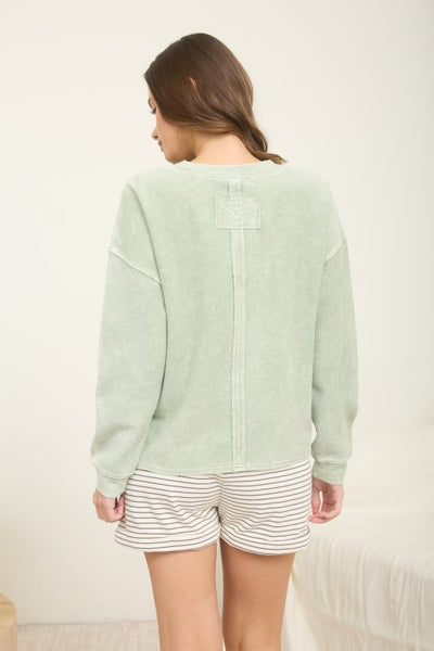 Long Sleeve Rib Knit Pocket Top Sage