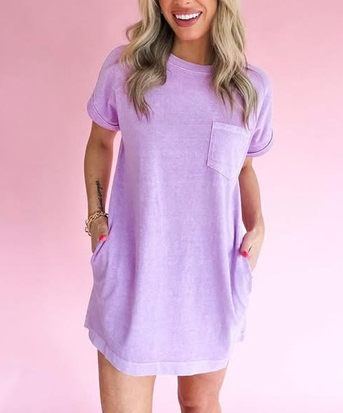 Cotton Tee Shirt Pocket Dress Lavender