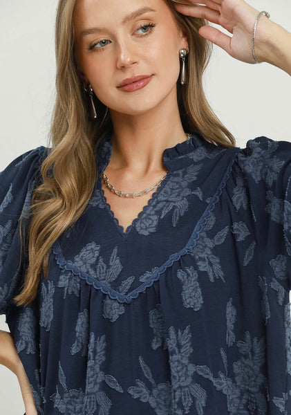 UMGEE Floral Textured Top Midnight Blue