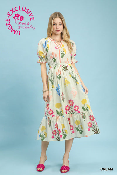 UMGEE Cream Multi Floral Embroidered Dress