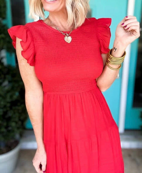 Red Smocked Ruffle Midi Dress