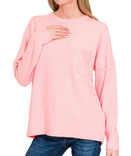 Ribbed Soft Pocket Sweater Rose