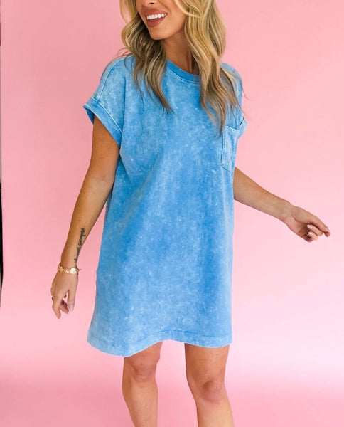 Cotton Tee Shirt Pocket Dress Ocean Blue