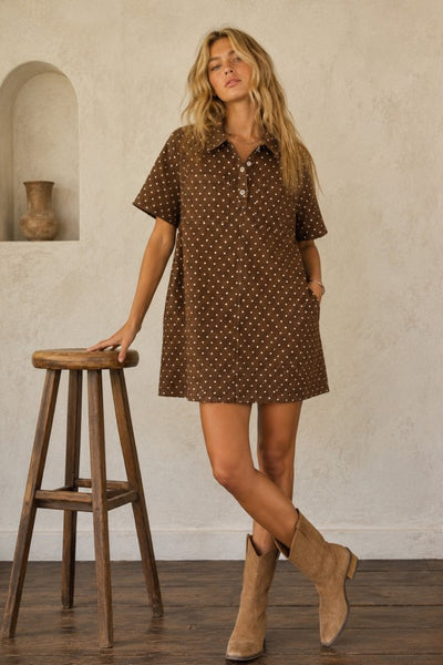 Mocha Polka Dot Denim Shirt Dress