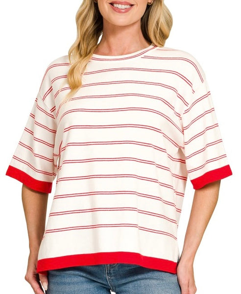 Elbow Sleeve Stripe Sweater Red