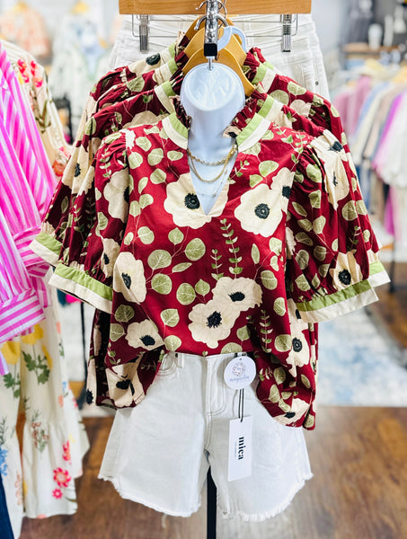 Wine Floral Puff Sleeve Top
