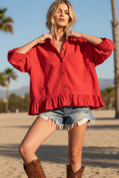 Red Ruffle Button Down Top