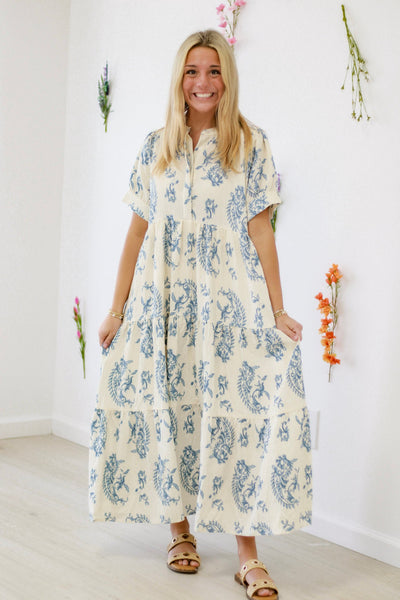 UMGEE Mandarin Collar Tiered Print Maxi Dress Blue Mix