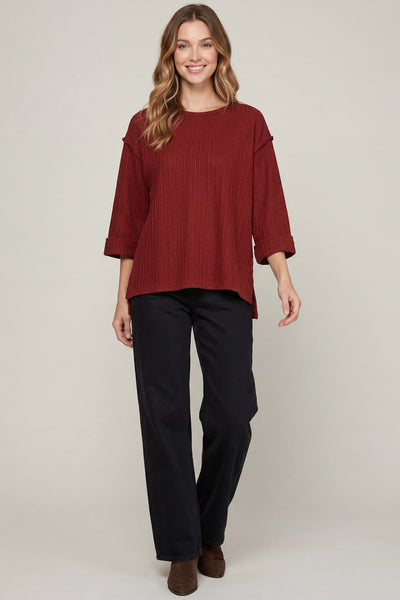 Quarter Sleeve Knit Sweater Top Wine