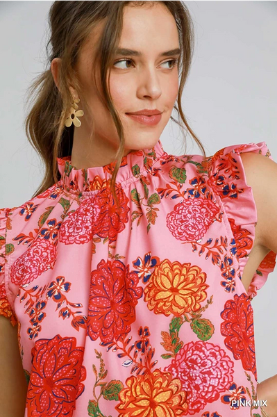 UMGEE Floral Print Ruffle Neck Top Pink Mix