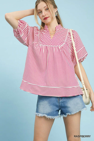 UMGEE Striped Puff Sleeve Top Raspberry