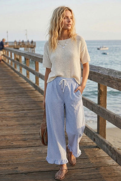 Gingham Ruffle Pant Blue Mix