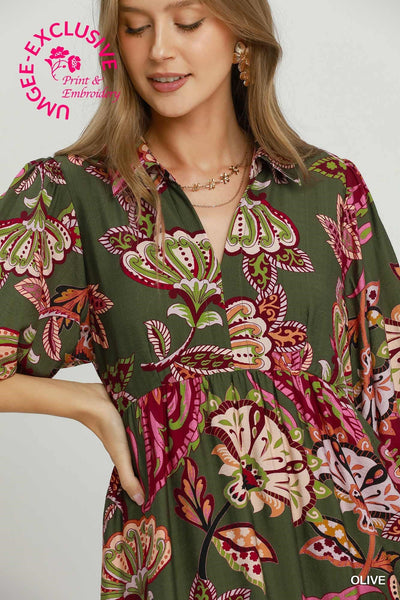 UMGEE Boho Floral Dress Olive Mix