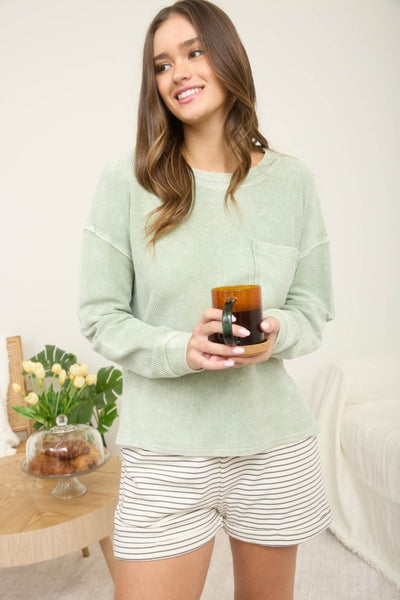Long Sleeve Rib Knit Pocket Top Sage