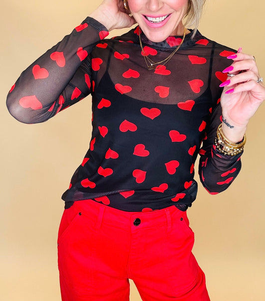 Black & Red Heart Mesh Top