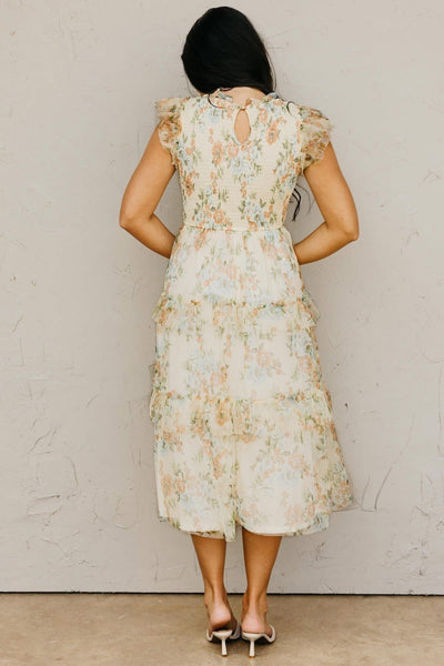 Pale Yellow Floral Ruffle Chiffon Dress