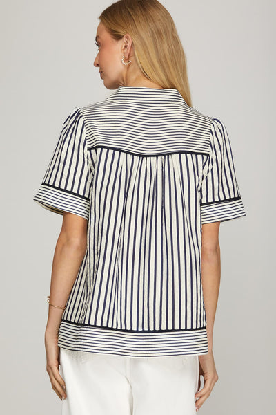 Sutton Collared Stripe Top Dark Blue Mix