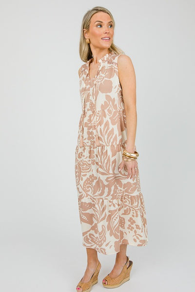 UMGEE Two Tone Floral Midi Dress Latte