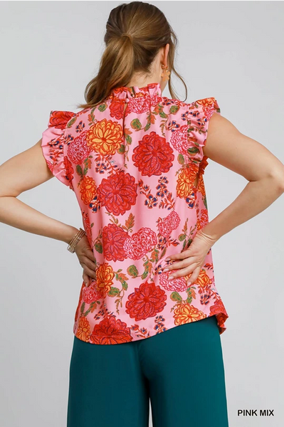 UMGEE Floral Print Ruffle Neck Top Pink Mix